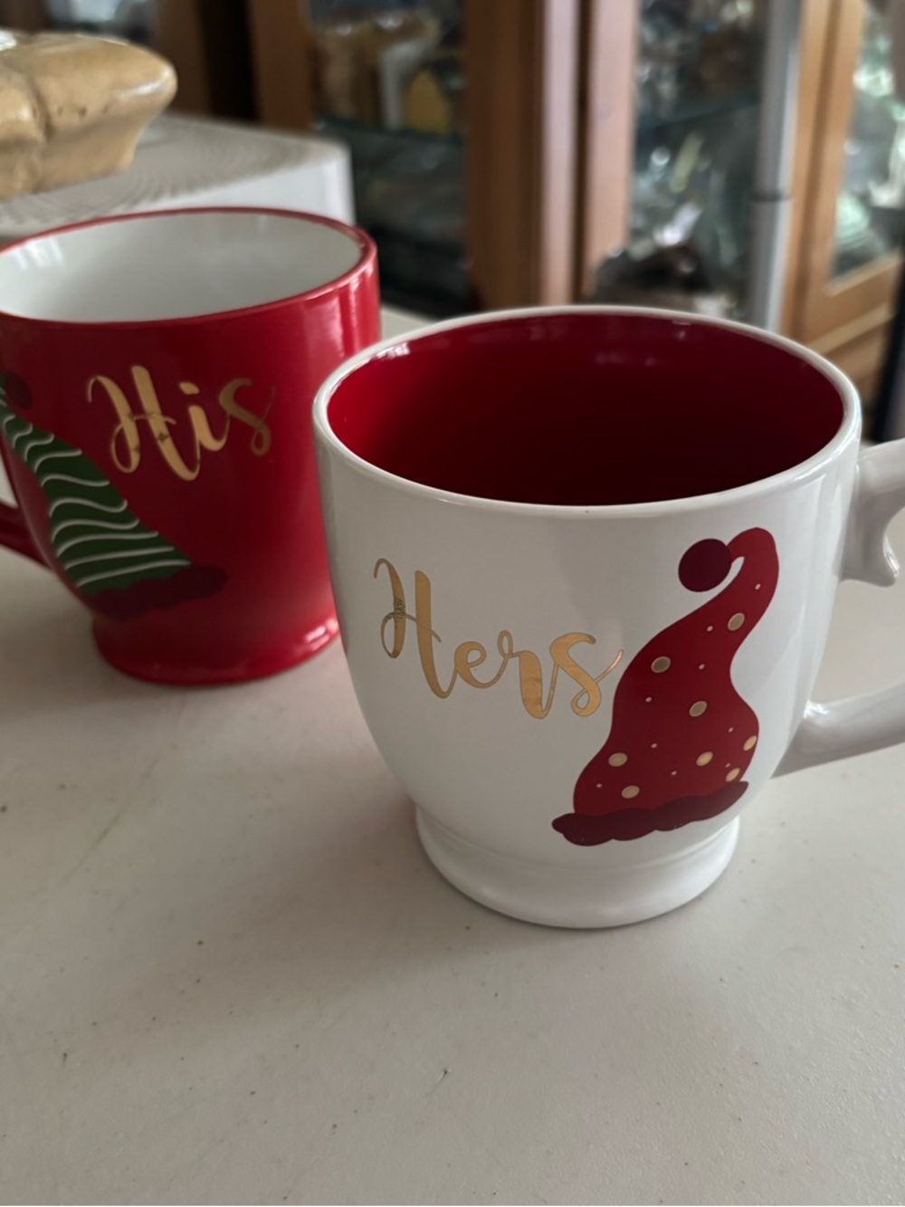 His and Hers Holiday Ceramic Coffee Mugs - Red & White  Preowned. Great shape